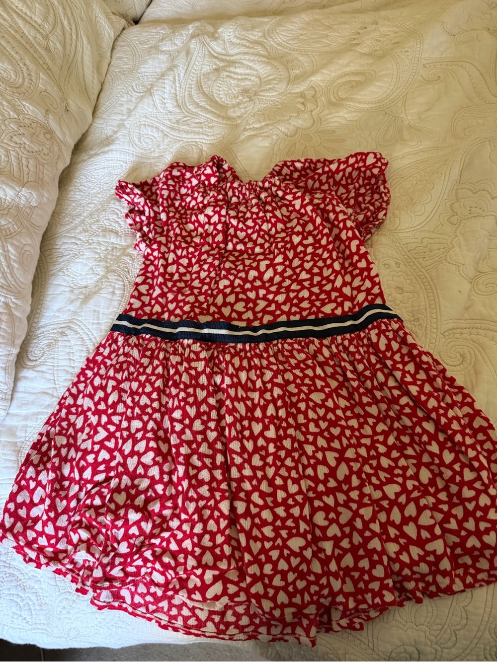 Gymboree Red and White Heart-Print Dress with Navy Waist Trim